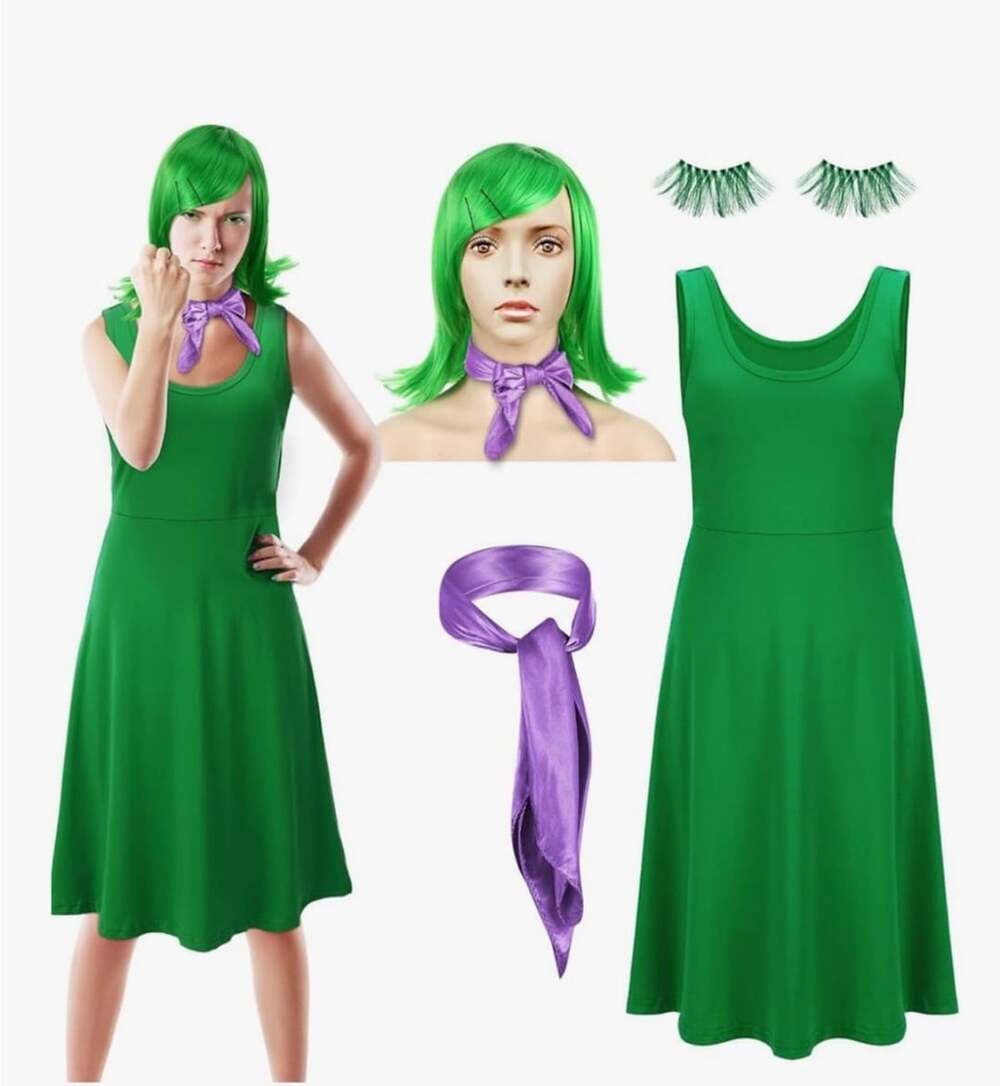 Cotwinter Disgust Costume Green Dress Wig Scarf Eyelashes Set